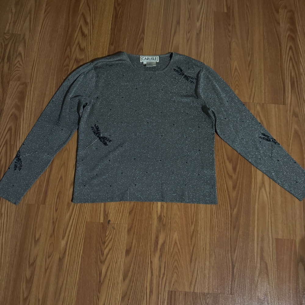 Carlisle Vintage Silver Silk Metallic‎ Beaded Dragonfly Long Sleeve Top Classic